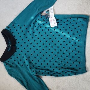 ELLE Teal Black Polka Dot Front 3/4 Sleeves Removable Fabric Collar Swea…